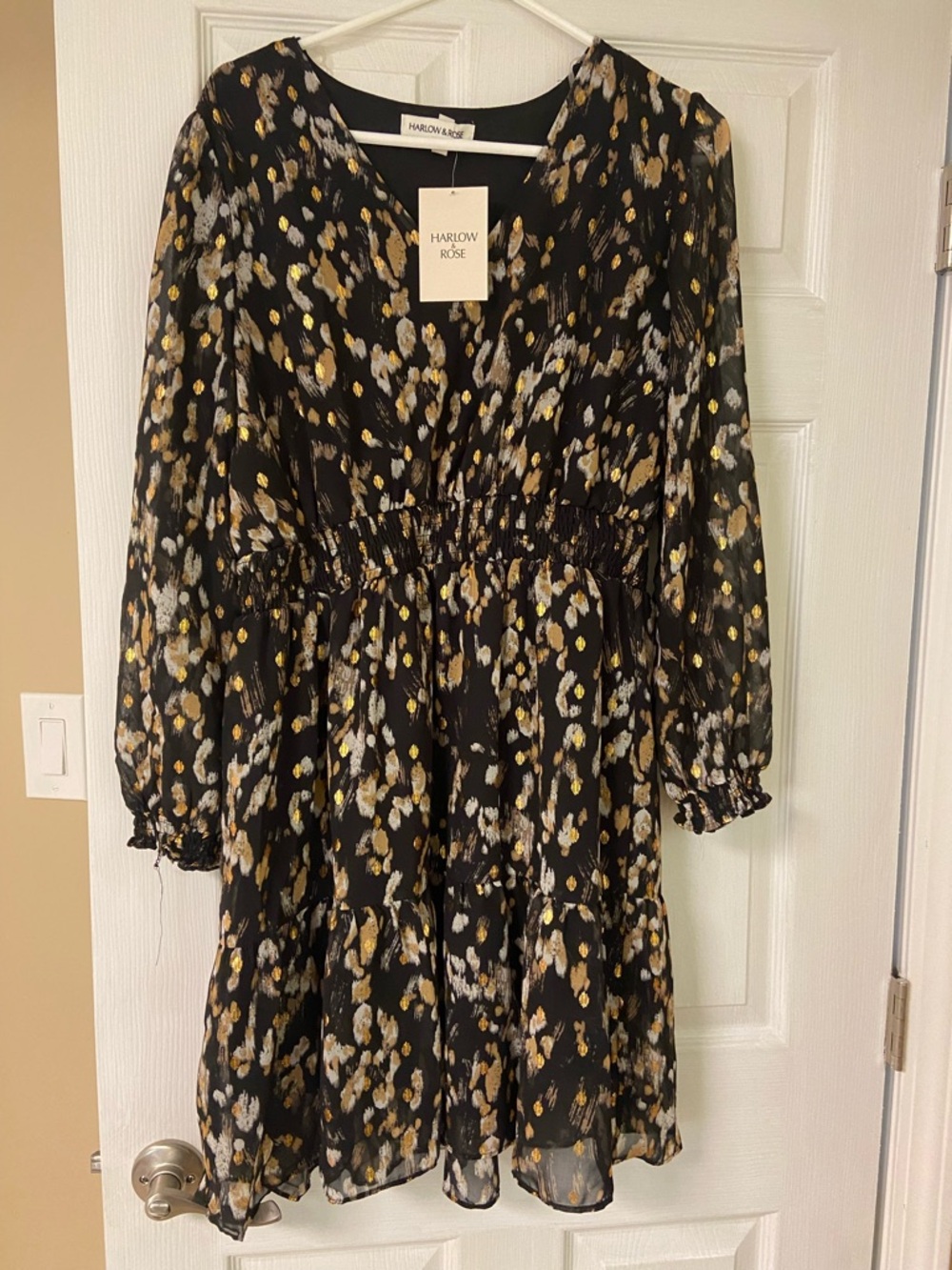 Harlow & Rose Black Mini Dress with Gold & Ivory Print